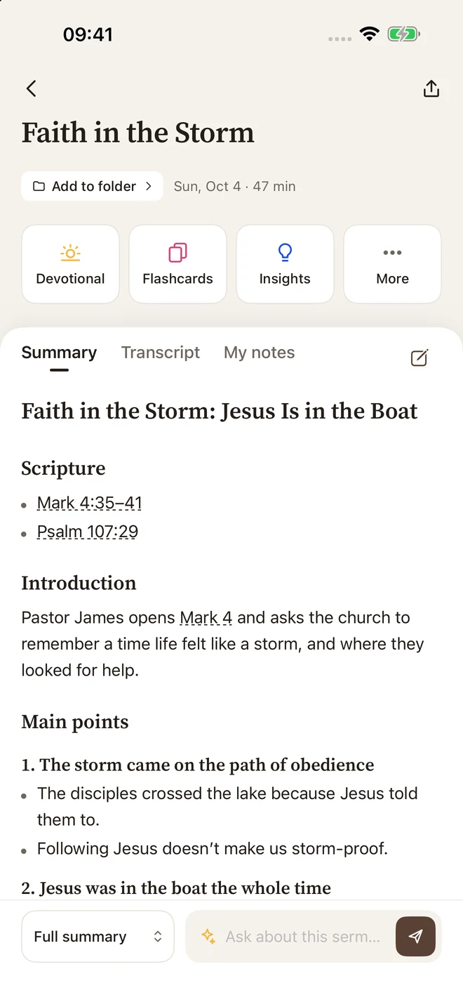 Sermon Pocket sermon note with a summary, Scripture references, and transcript