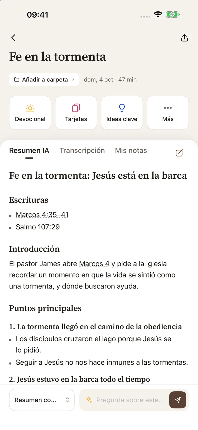 Nota de sermón en Sermon Pocket con resumen, referencias bíblicas y transcripción