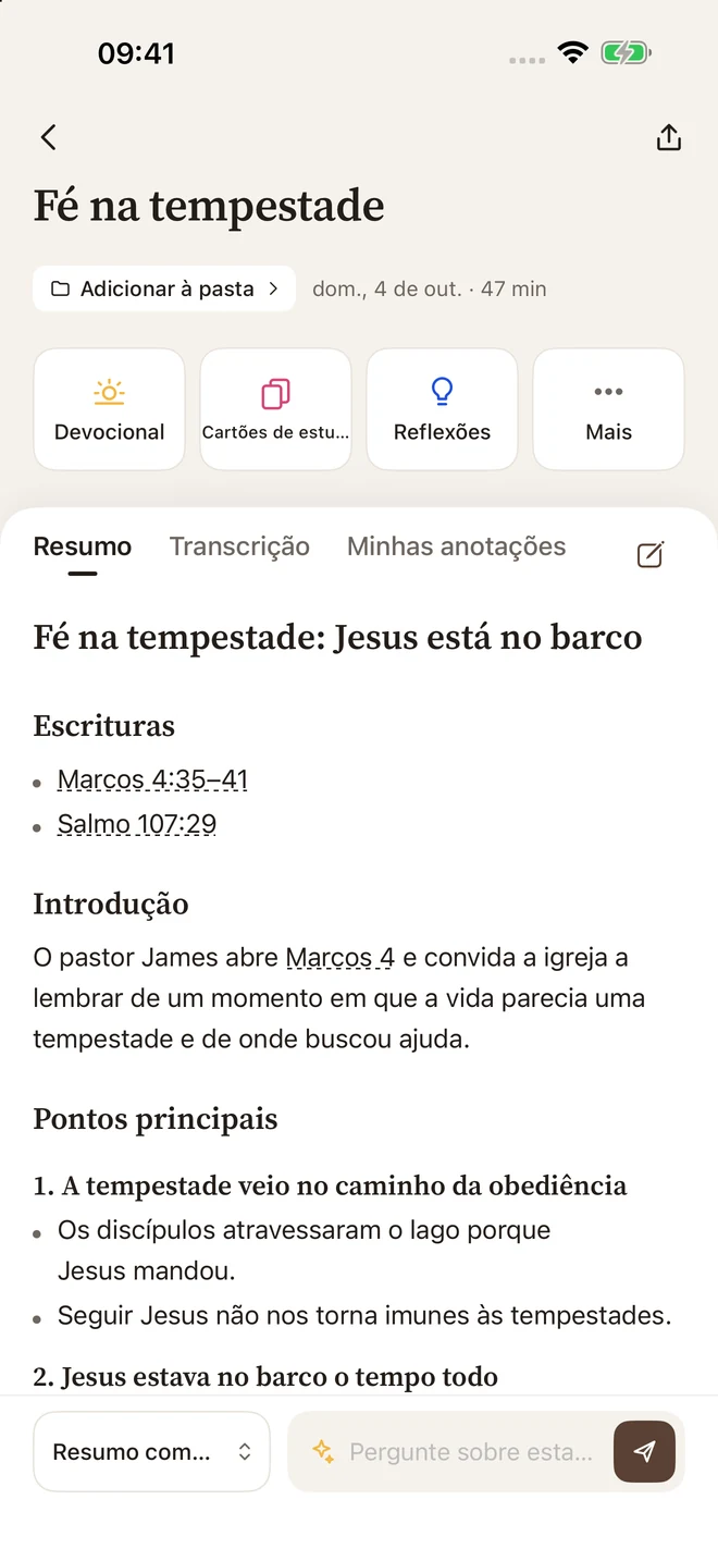 Nota de sermão no Sermon Pocket com resumo, referências bíblicas e transcrição