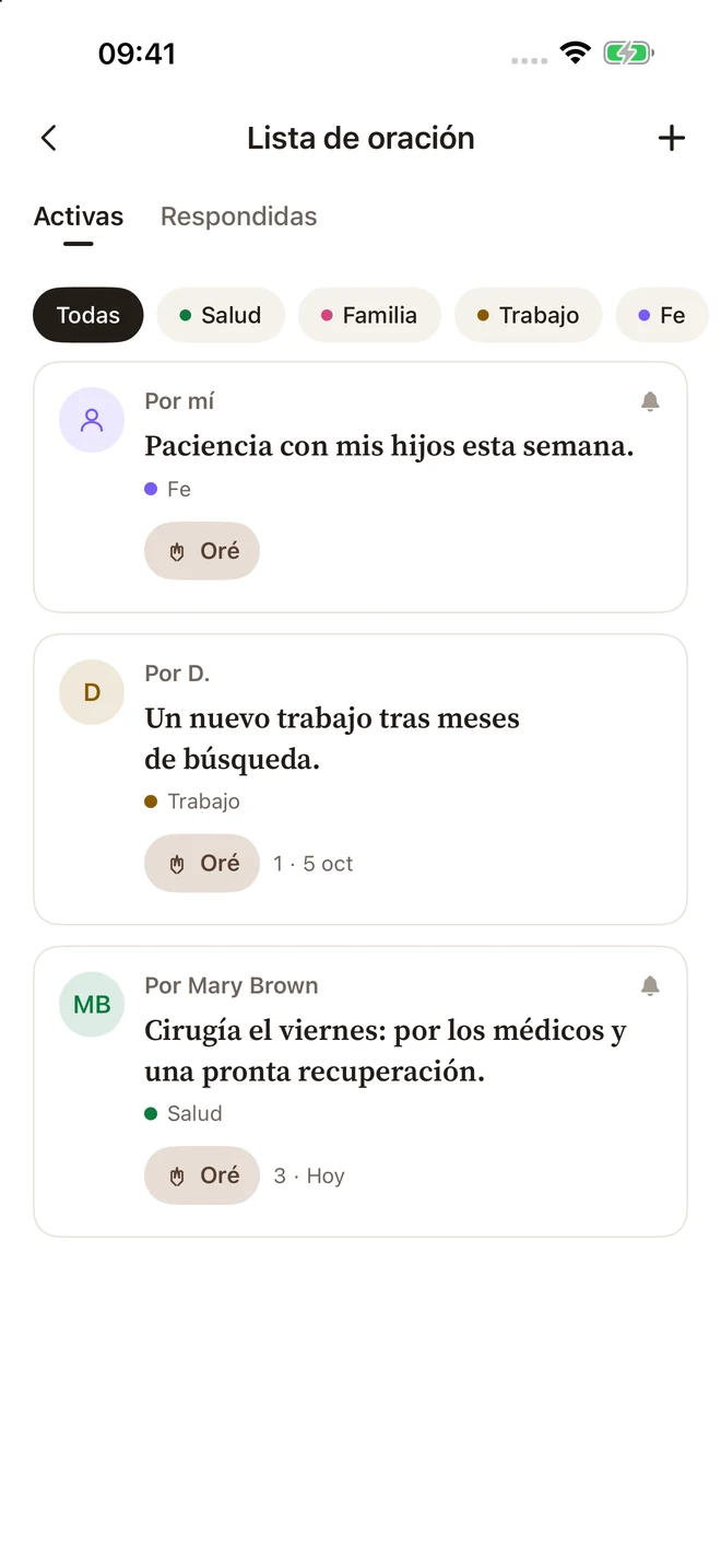 Lista de oración de Sermon Pocket con peticiones personales y categorías