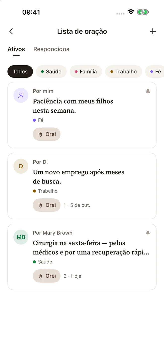 Lista de oração do Sermon Pocket com pedidos pessoais e categorias