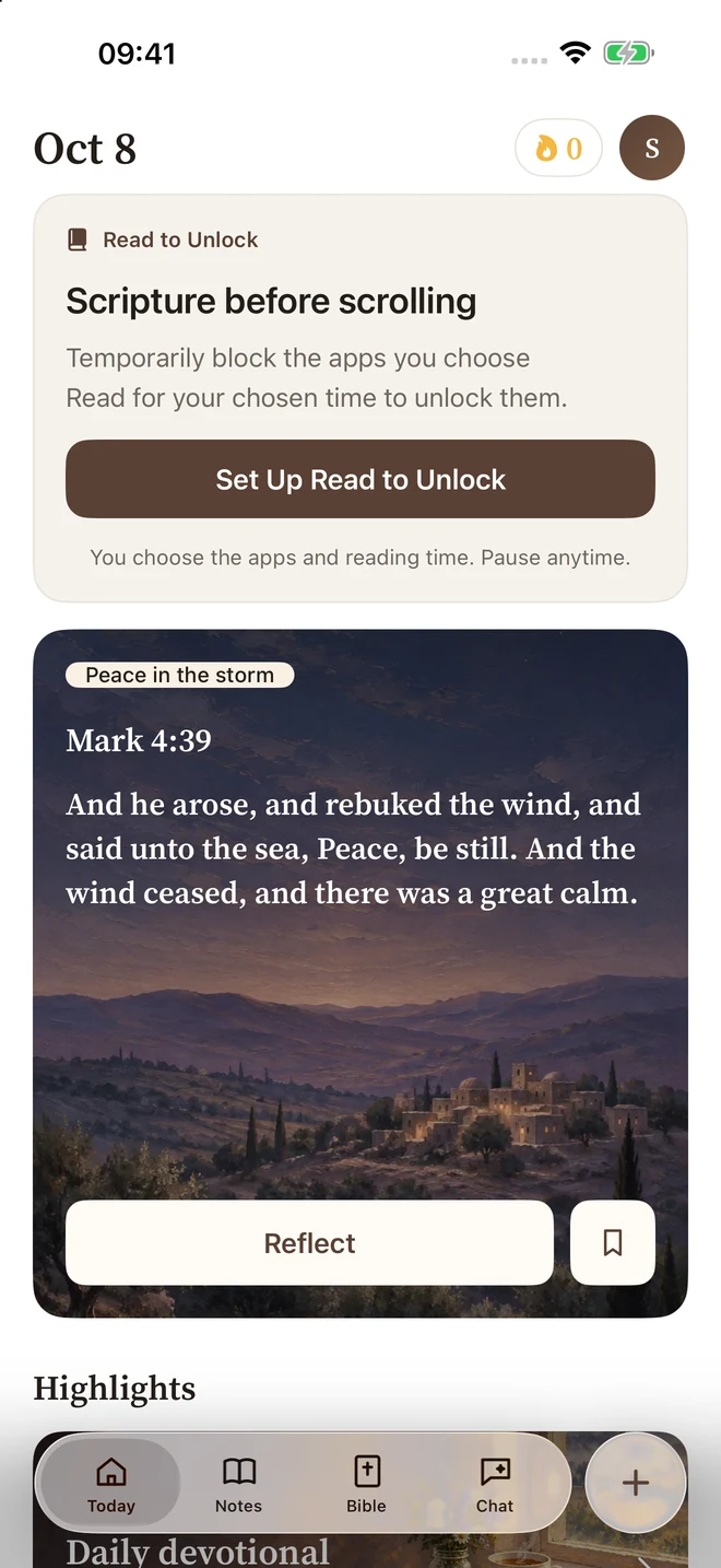 Sermon Pocket Today screen with Read to Unlock setup and a daily verse