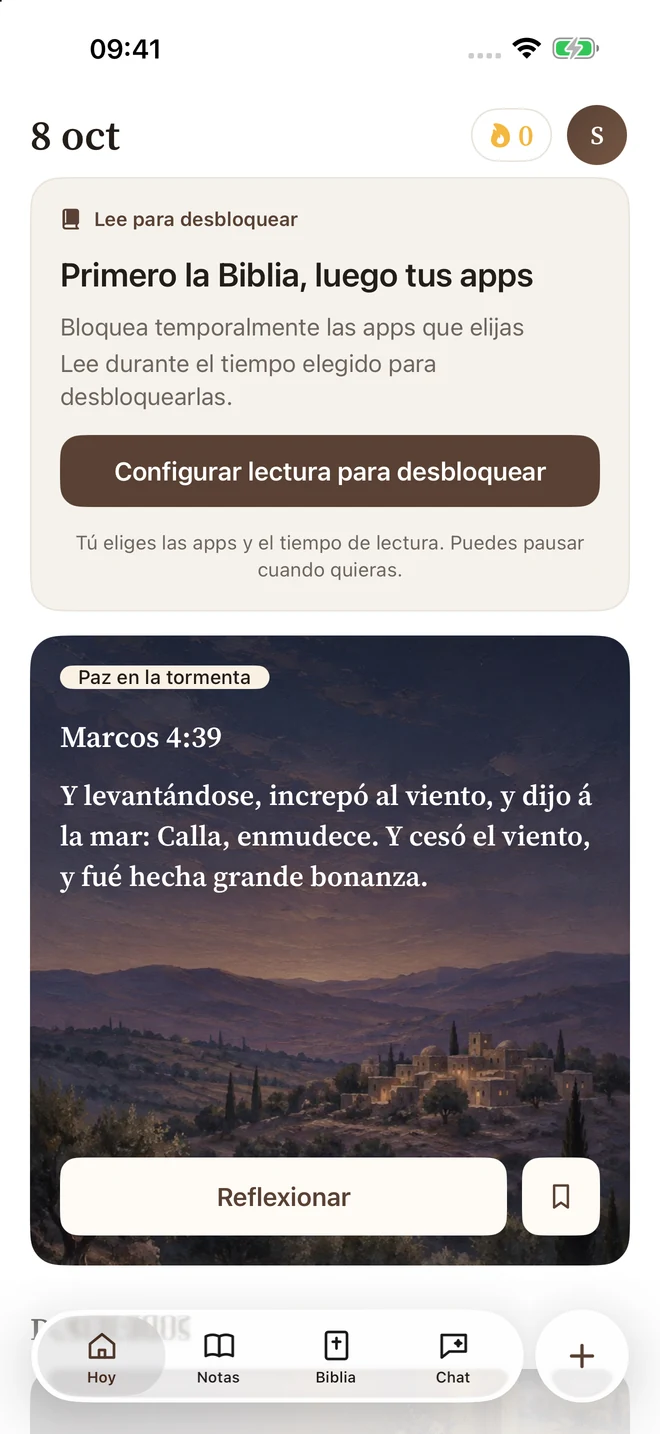 Pantalla Hoy de Sermon Pocket con la configuración de lectura para desbloquear y el versículo del día