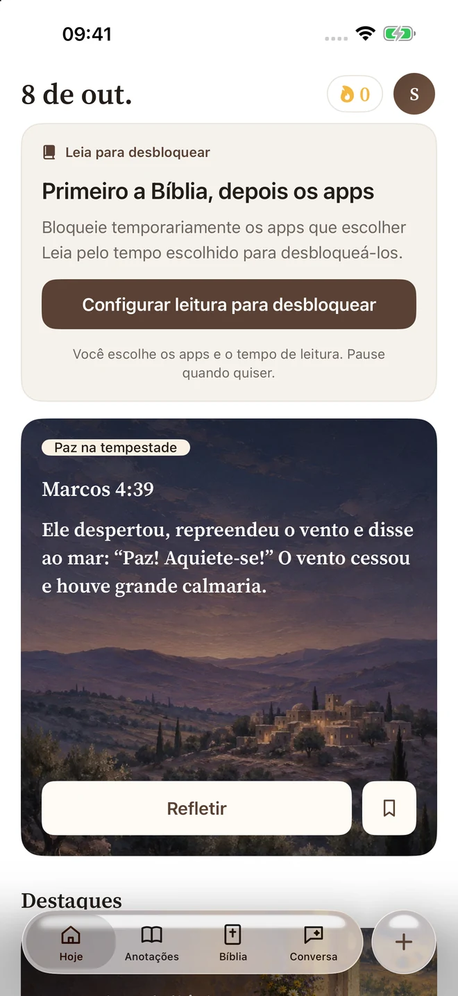 Tela Hoje do Sermon Pocket com a configuração de leitura para desbloquear e o versículo do dia
